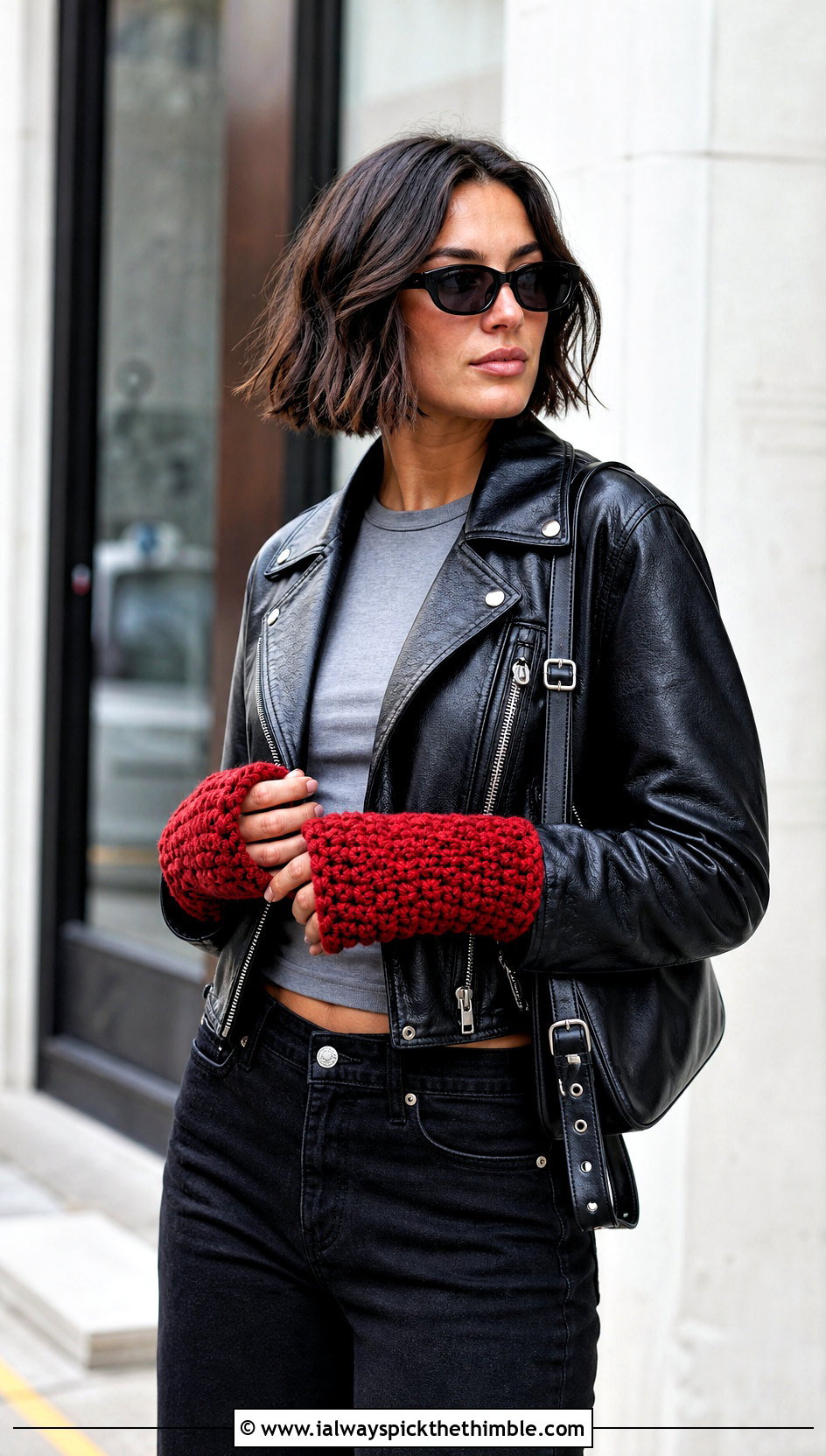 Chunky Crochet Wrist Warmers With a Leather Jacket - 25 crochet fingerless gloves outfit ideas