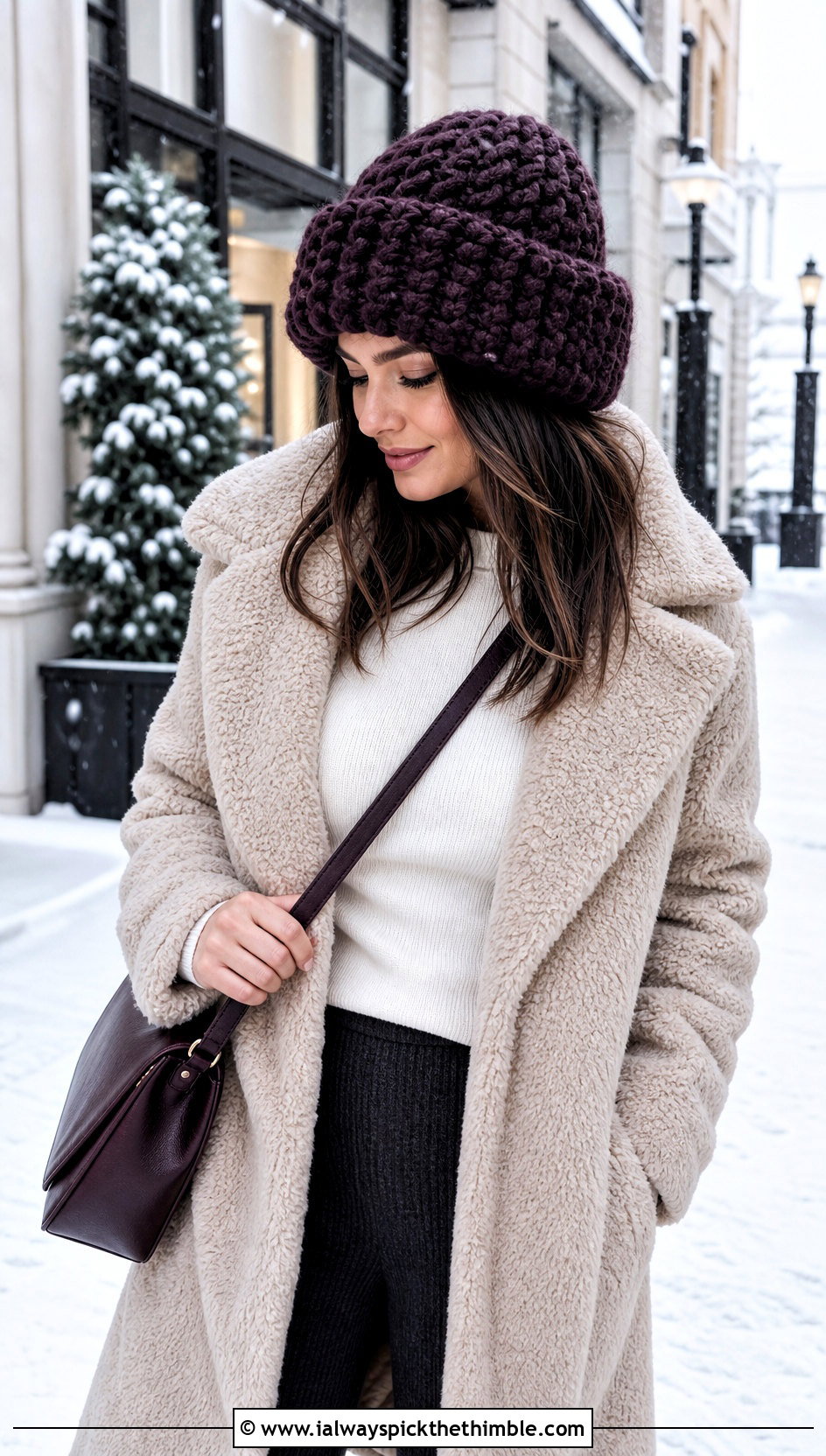 Chunky Crocheted Beanie With Teddy Coat And Knit Pants - 25 crocheted beanie outfit ideas