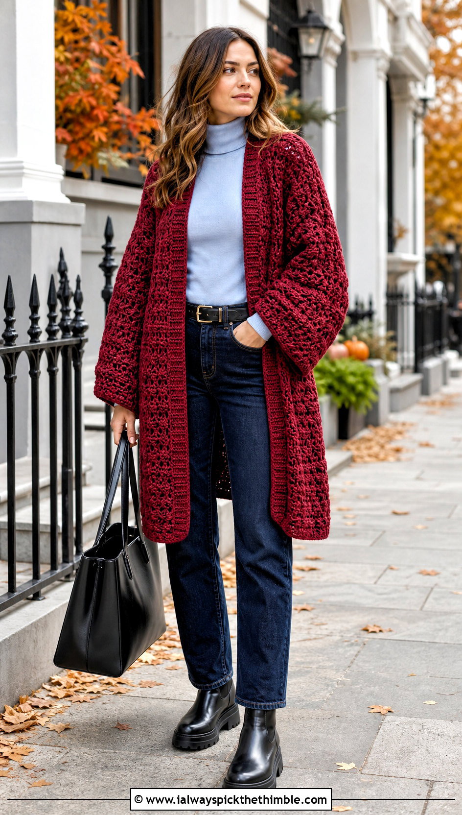 Chunky Crocheted Kimono With Turtleneck And Jeans - 20 Crocheted Kimono outfit ideas