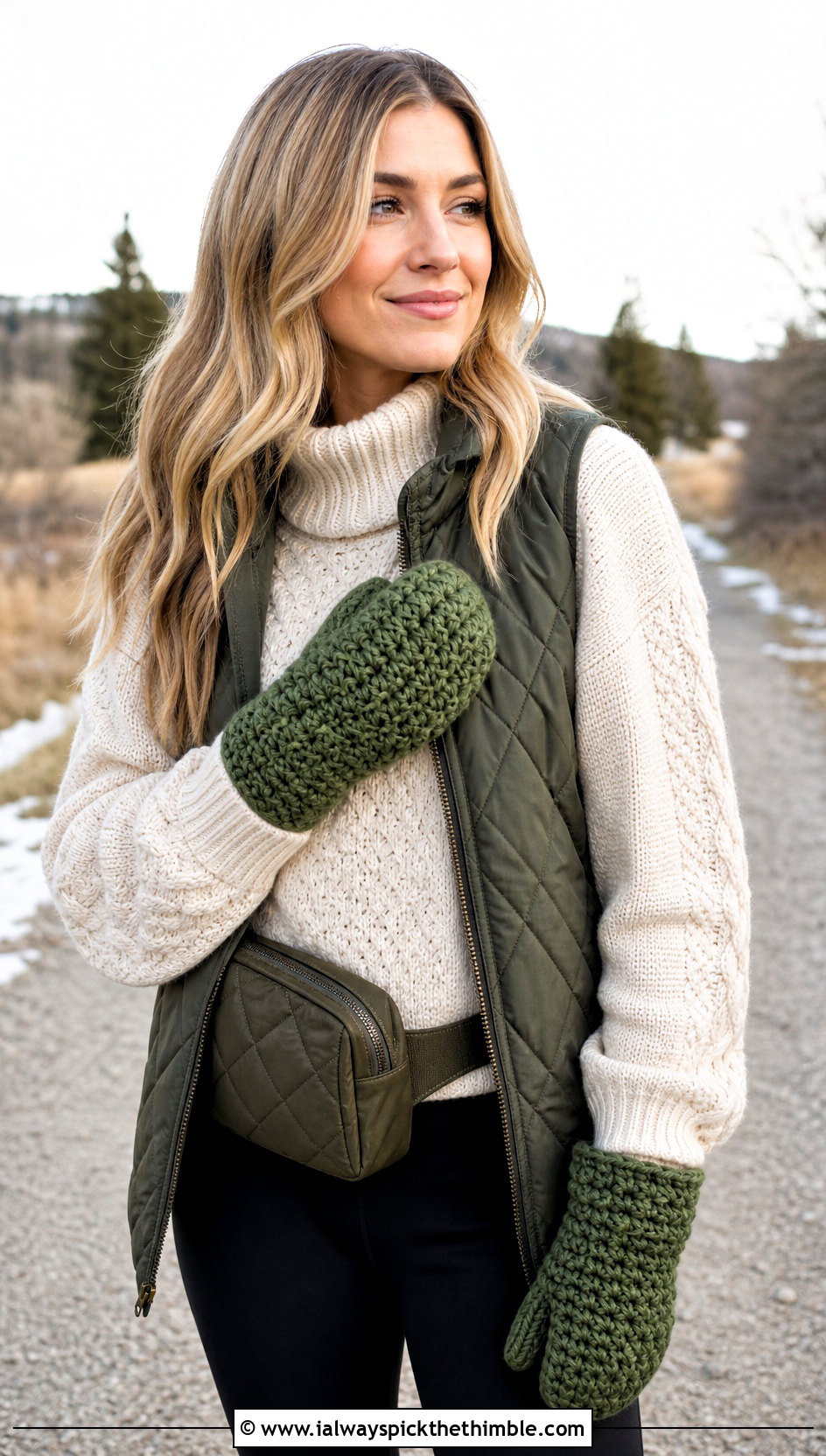 Chunky Crocheted Mittens With Quilted Vest - 20 Easy Crocheted Mittens outfit ideas