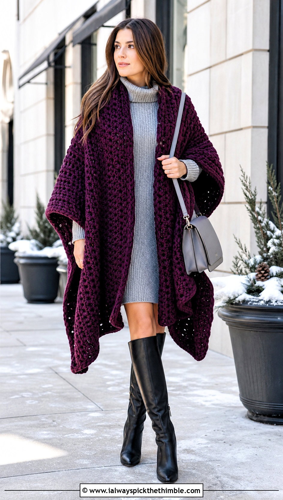 Chunky Crocheted Ruana With Sweater Dress - 20 Crocheted Ruana outfit ideas