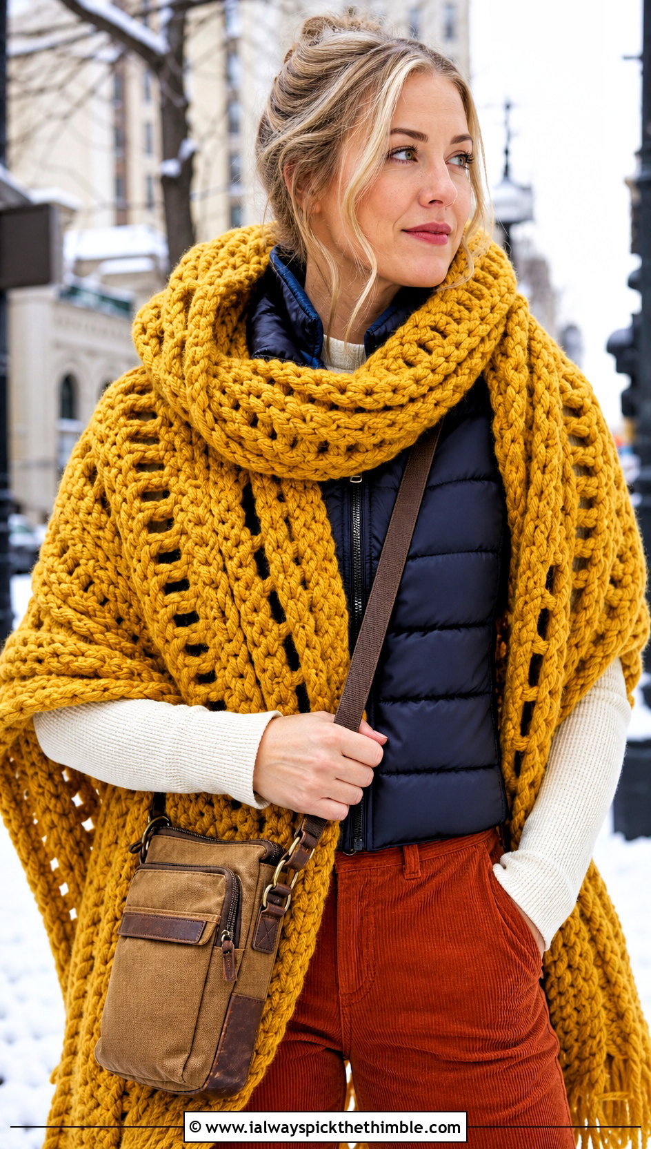 Chunky Crocheted Shawl With Puffer Vest - 20 Crocheted Shawl outfit ideas