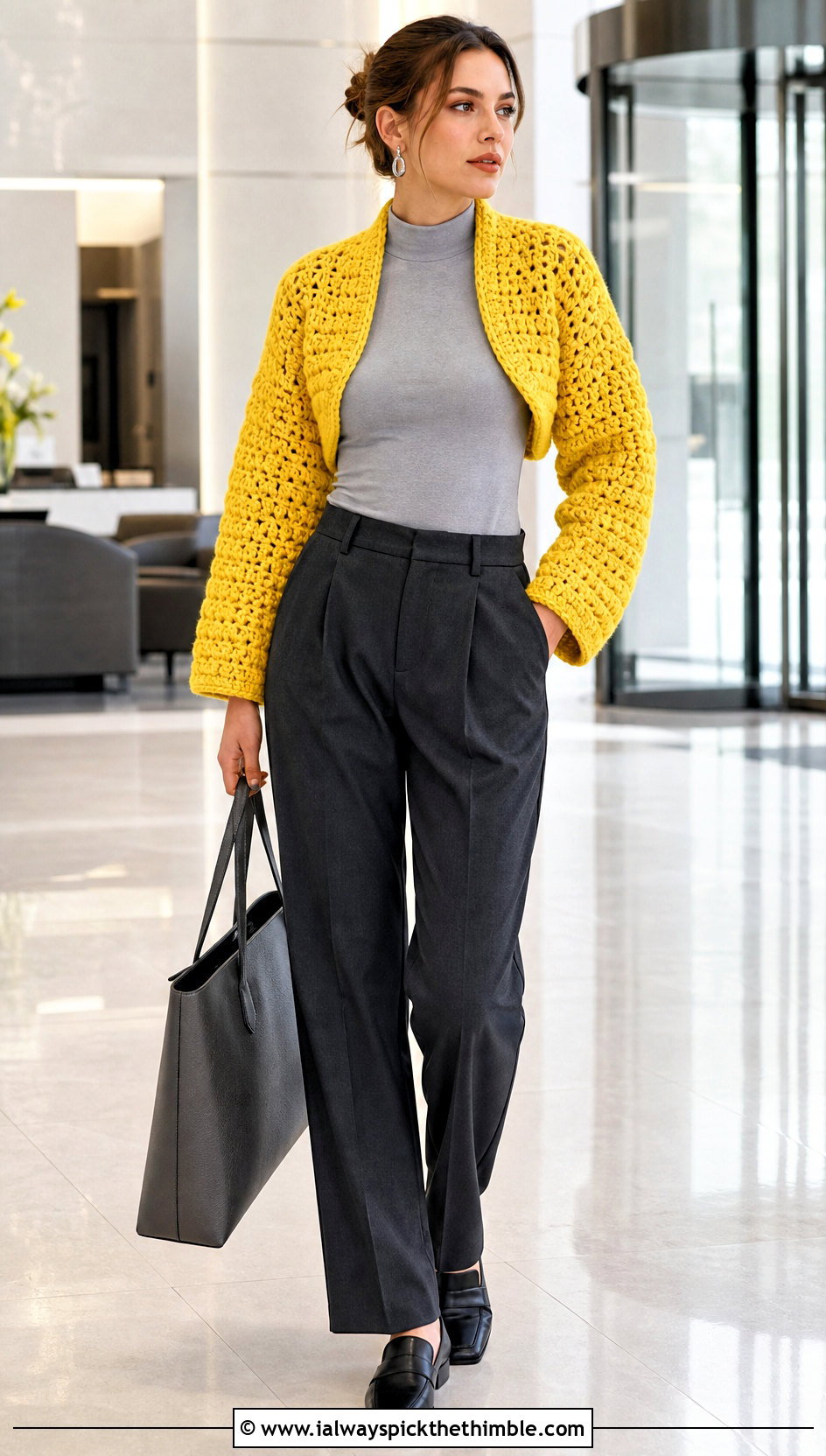 Chunky Cropped Crochet Bolero With Tailored Trousers - 20 Crochet Bolero Sweater outfit ideas