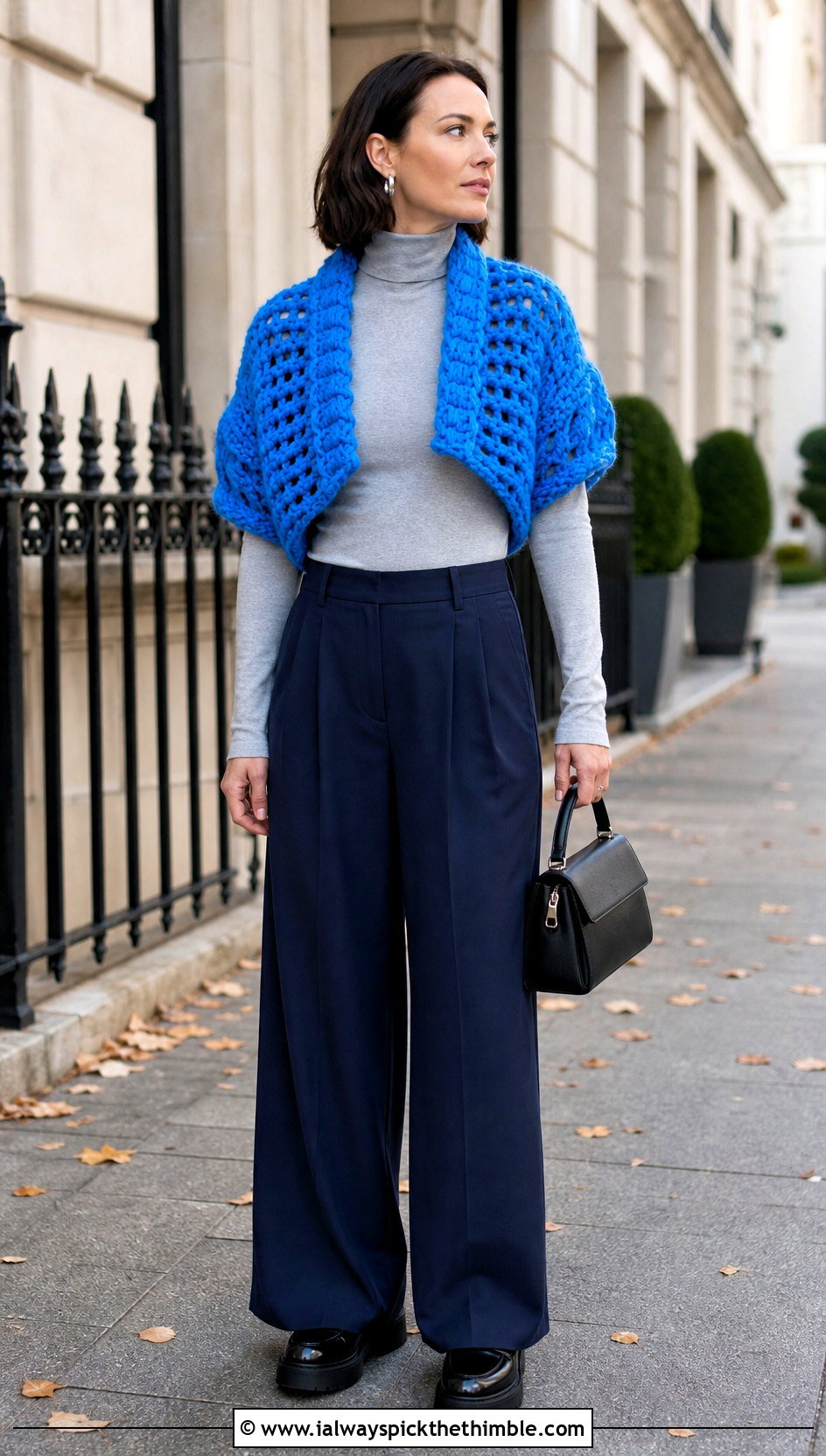 Chunky Cropped Crochet Shrug With Wide Leg Pants - 20 simple crochet shrug outfit ideas