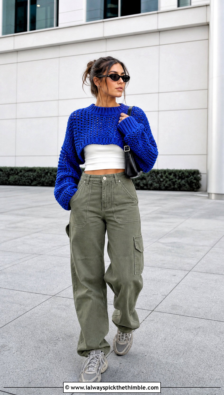 Chunky Cropped Crochet Sweater With Cargo Pants - 15 Chunky Crochet Top outfit ideas