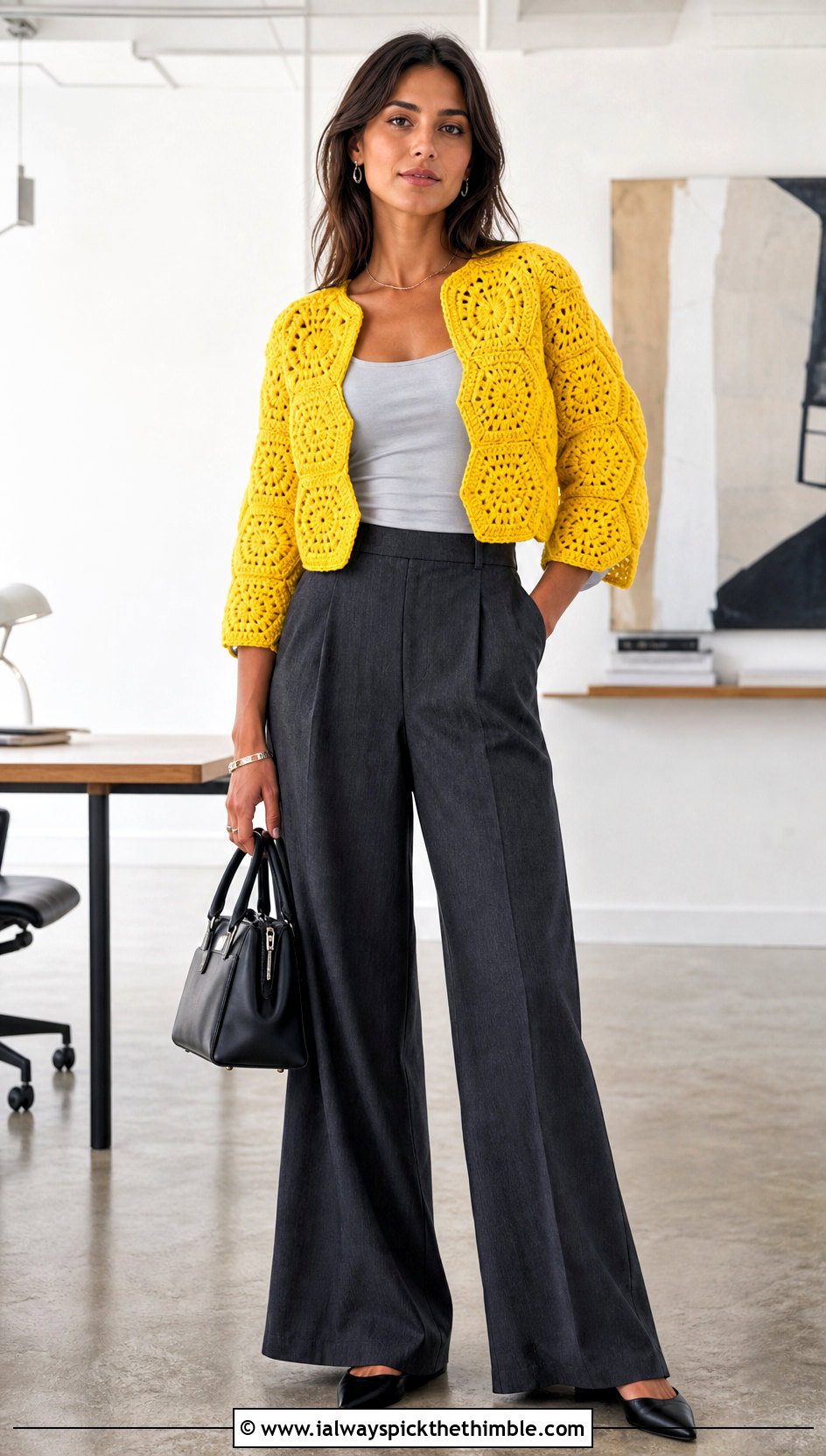 Chunky Cropped Hexagon Cardigan With Wide Leg Trousers - 20 chunky crochet hexagon cardigan outfit ideas