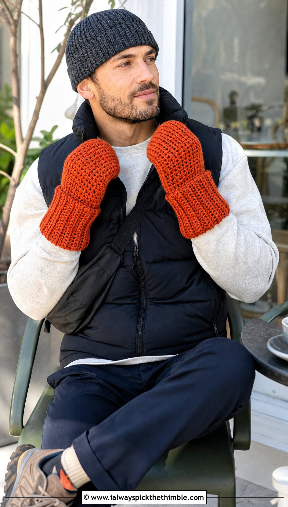 Chunky Cuff Crochet Mittens With Puffer Vest - 25 men crochet gloves outfit ideas