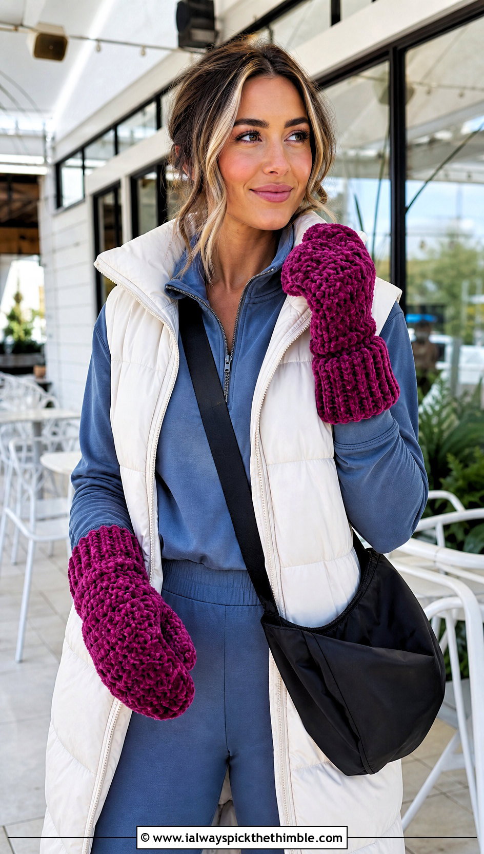 Chunky Cuff Velvet Crochet Mittens With Athleisure Set - 20 velvet crochet mittens outfit ideas