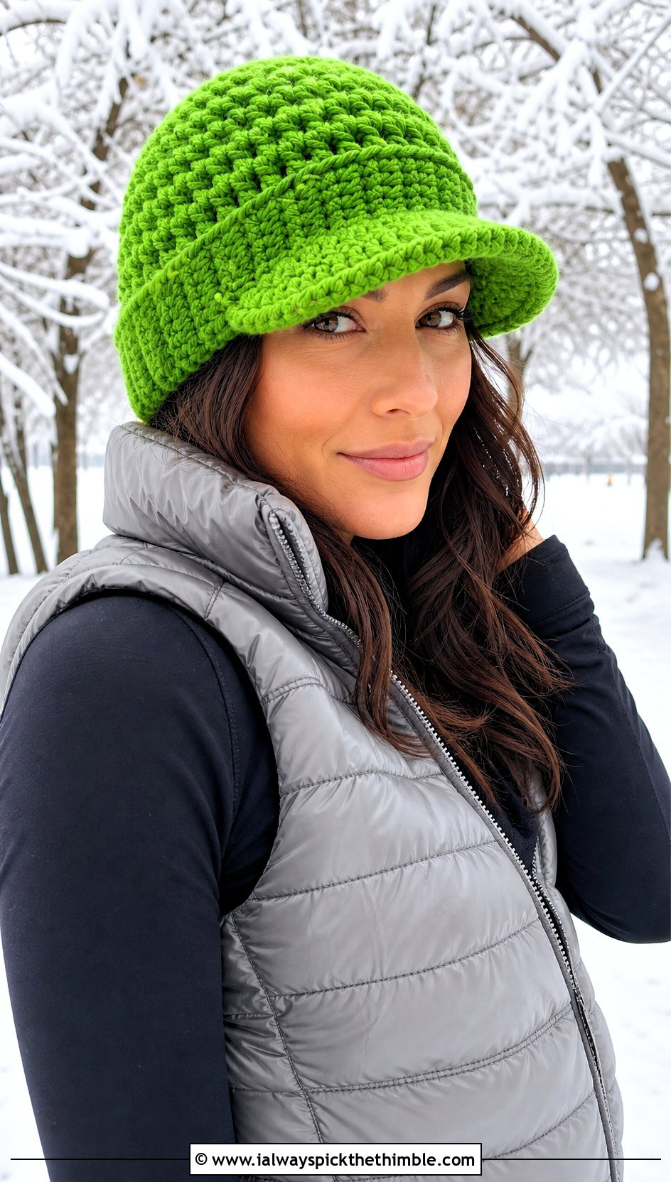 Chunky Cuffed Bill Crochet Beanie With Puffer Vest - 15 Brimmed Crochet Beanie outfit ideas
