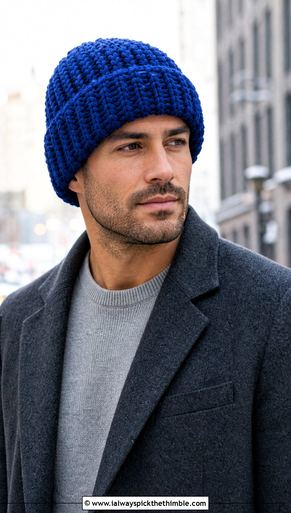 Chunky Cuffed Crochet Beanie With Overcoat - 20 crocheted mens hats outfit ideas