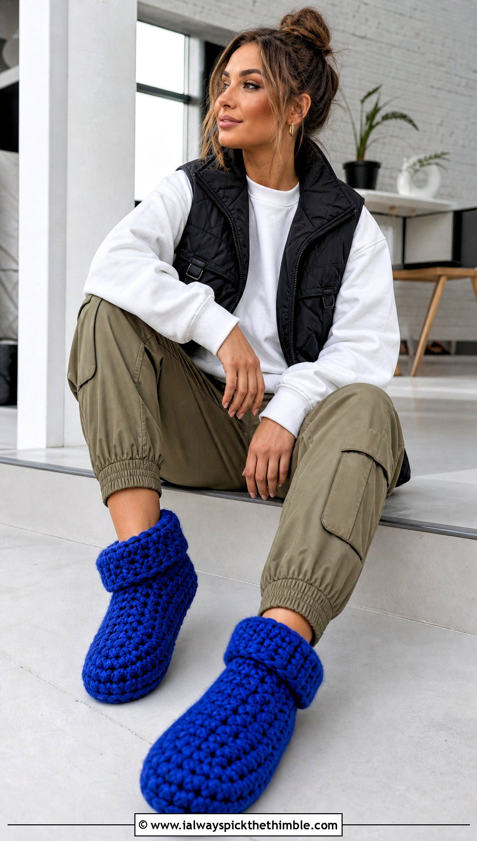 Chunky Cuffed Crochet Slippers With Cargo Joggers - 20 Quick Crochet Slippers outfit ideas