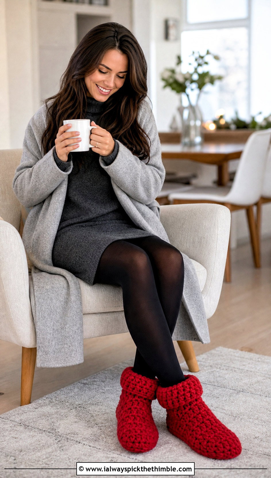 Chunky Cuffed Crochet Slippers With Sweater Dress - 20 chunky crochet slippers outfit ideas