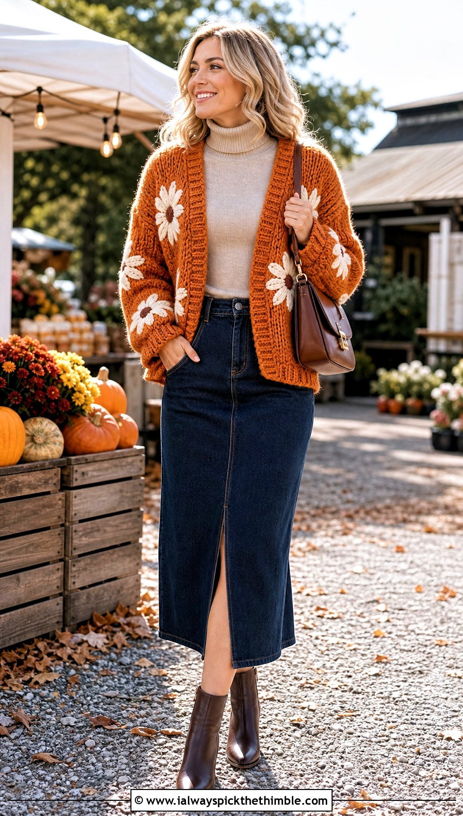 Chunky Daisy Cardigan With Denim Midi Skirt - 25 Crochet Daisy Cardigan outfit ideas