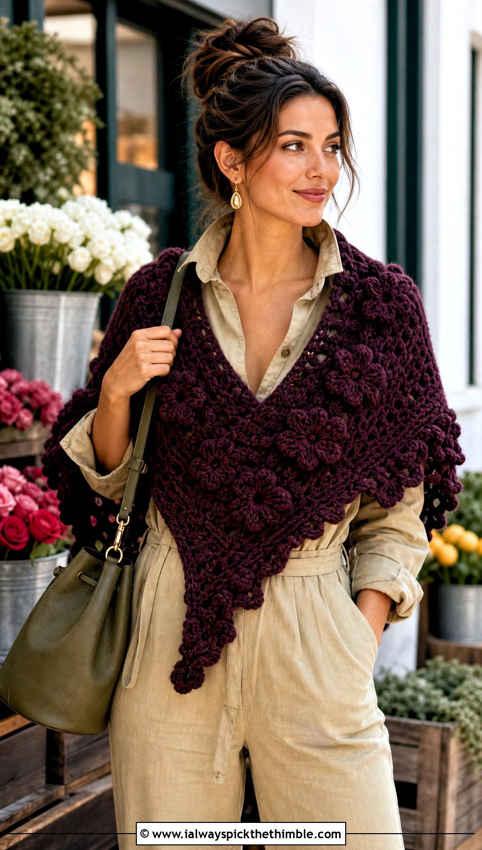 Chunky Daisy Crochet Shawl With Utility Jumpsuit - 15 sophie digard crochet shawl outfit ideas