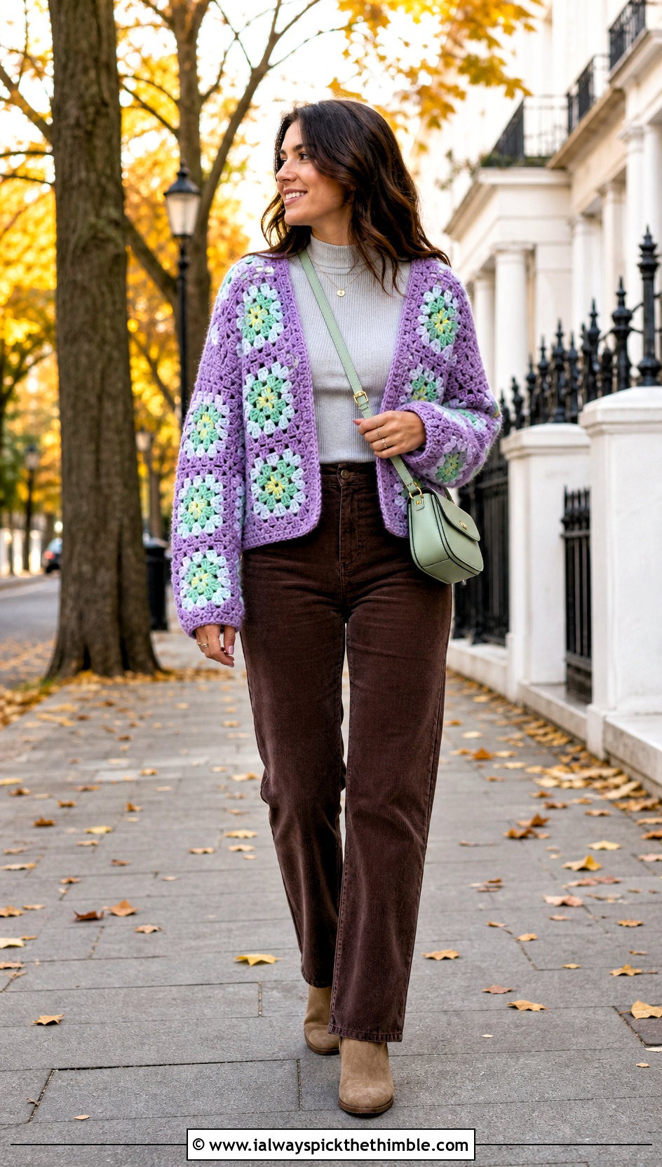 Chunky Daisy Granny Square Cardigan With Corduroy Pants - 20 Daisy Granny Square Cardigan outfit ideas