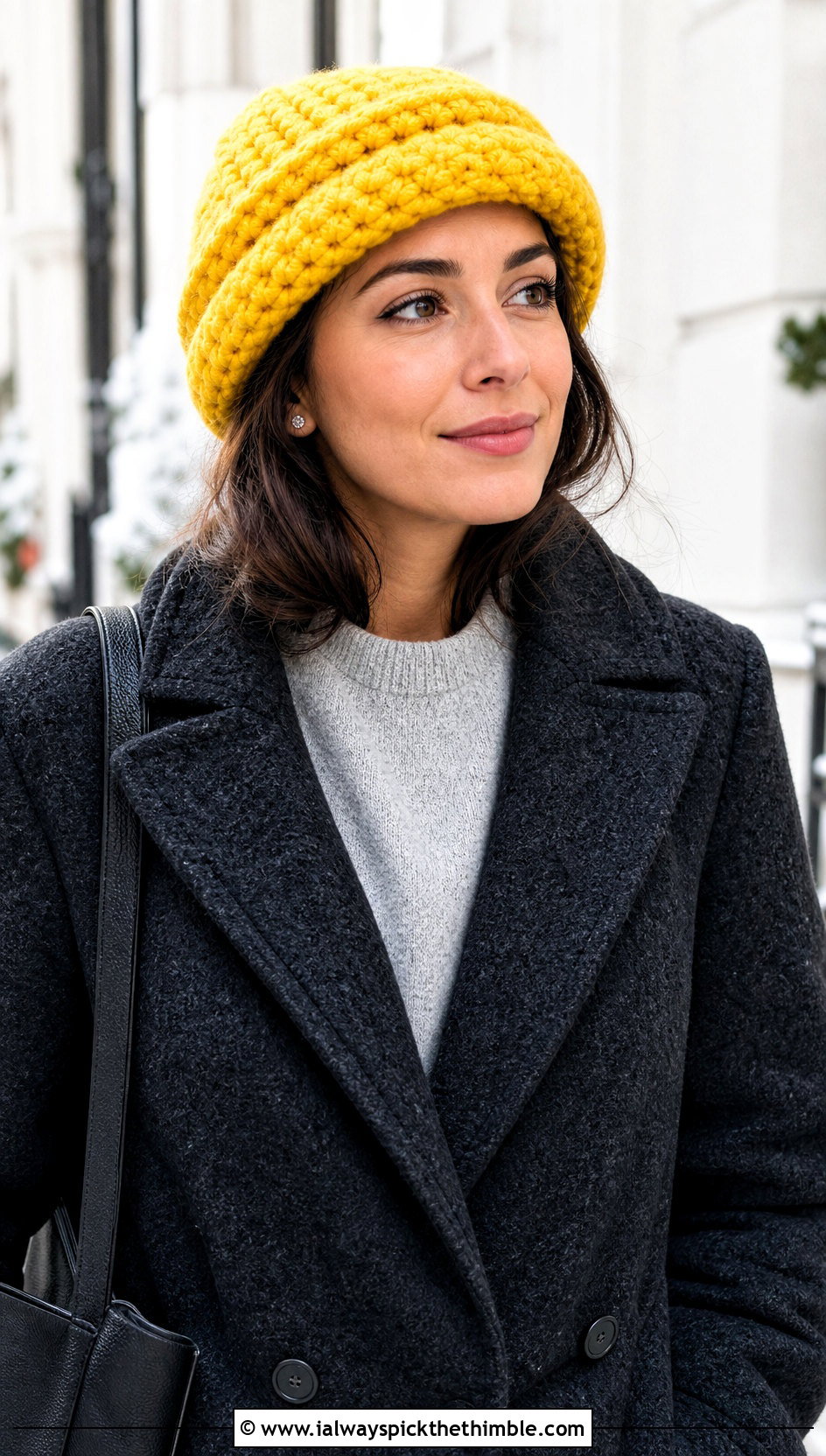 Chunky Double Brim Crochet Beanie With Wool Coat - 15 Crochet Hat With Fold Up Brim outfit ideas