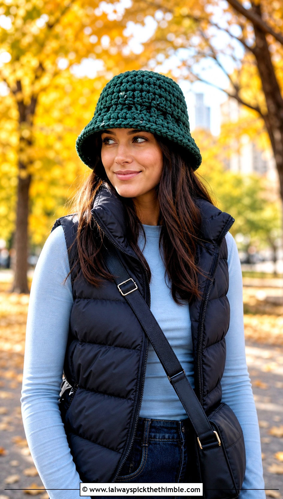 Chunky Double Crochet Bucket Hat With Puffer Vest And Wide Leg Jeans - 20 Double Crochet Bucket Hat outfit ideas