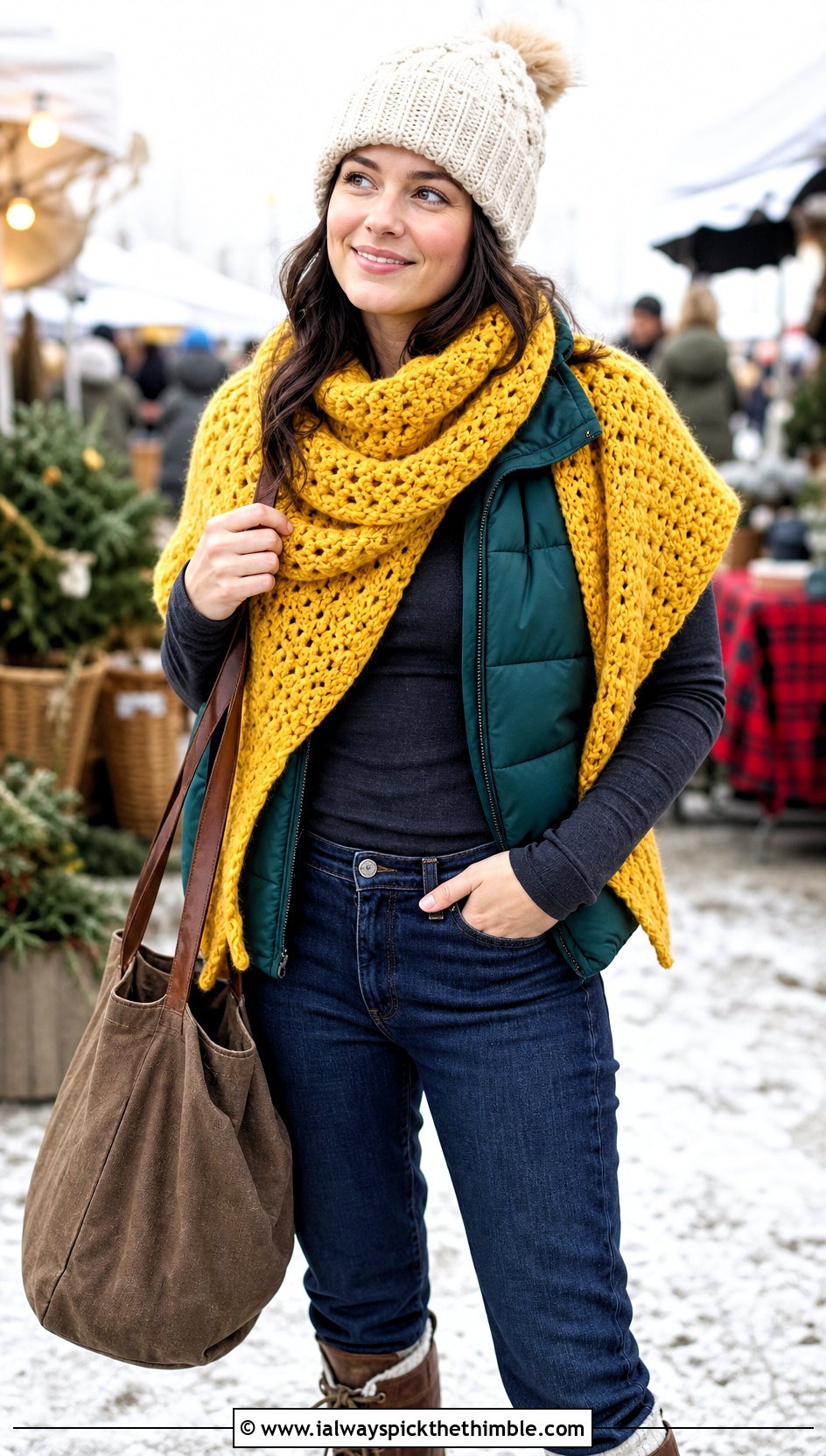 Chunky Double Crochet Shawl With Puffer Vest - 20 Double Crochet Shawl outfit ideas
