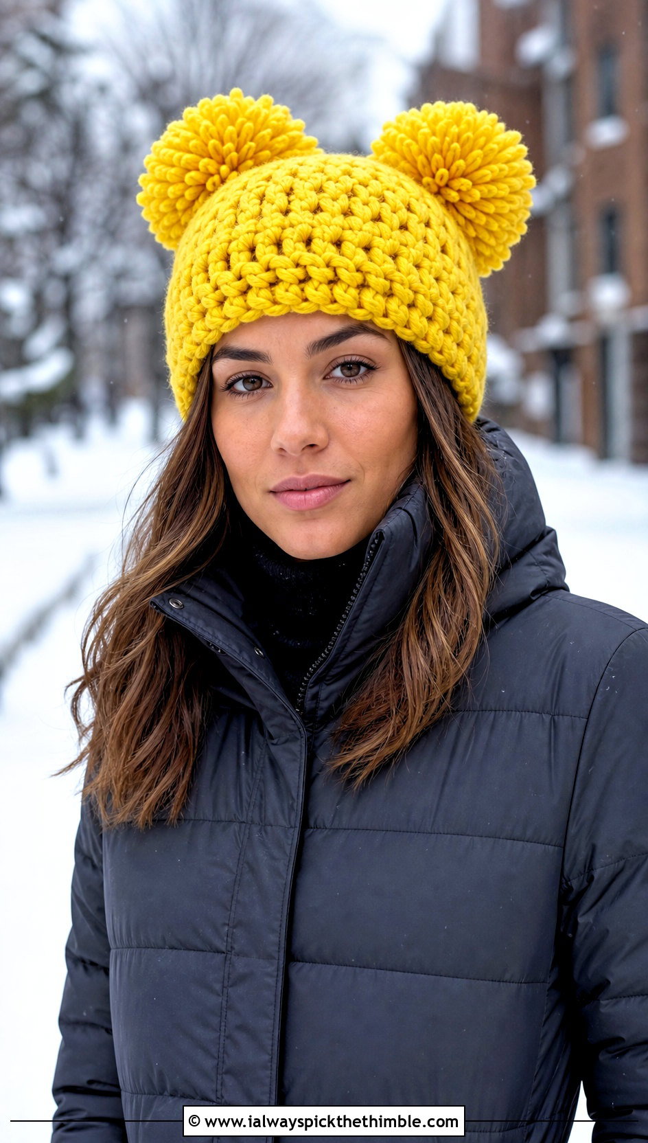 Chunky Double Pompom Crochet Beanie With Puffer Coat - 20 Double Pompom Crochet Hat outfit ideas