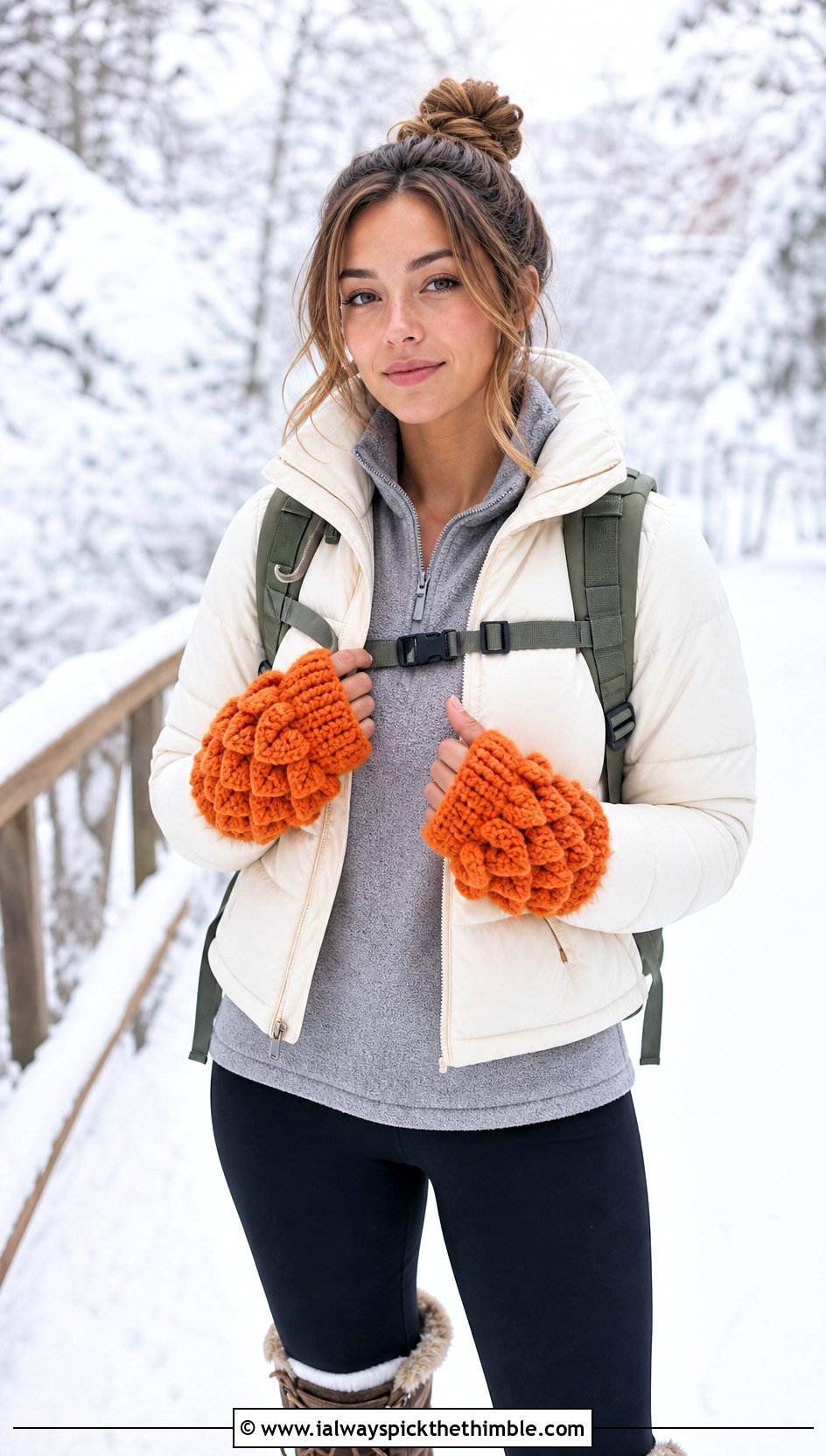 Chunky Dragon Scale Mitts With Puffer Jacket And Leggings - 20 dragon scale crochet gloves outfit ideas