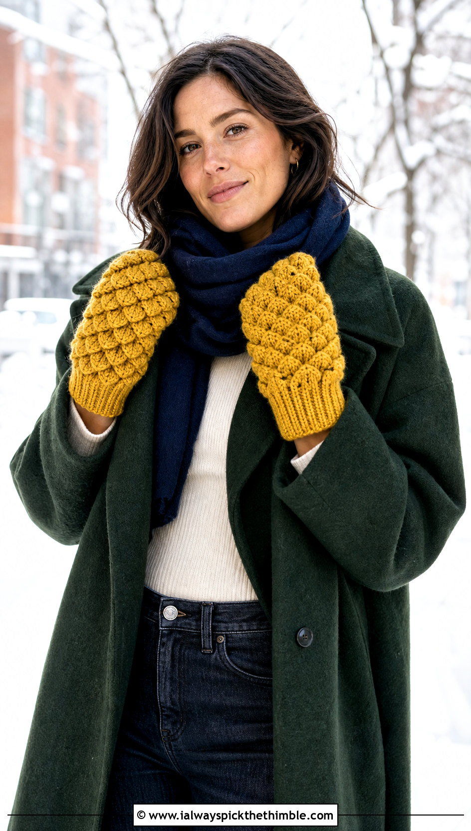 Chunky Dragonscale Mitts With Oversized Coat And Wide Leg Jeans - 15 Dragonscale Crochet Gloves outfit ideas