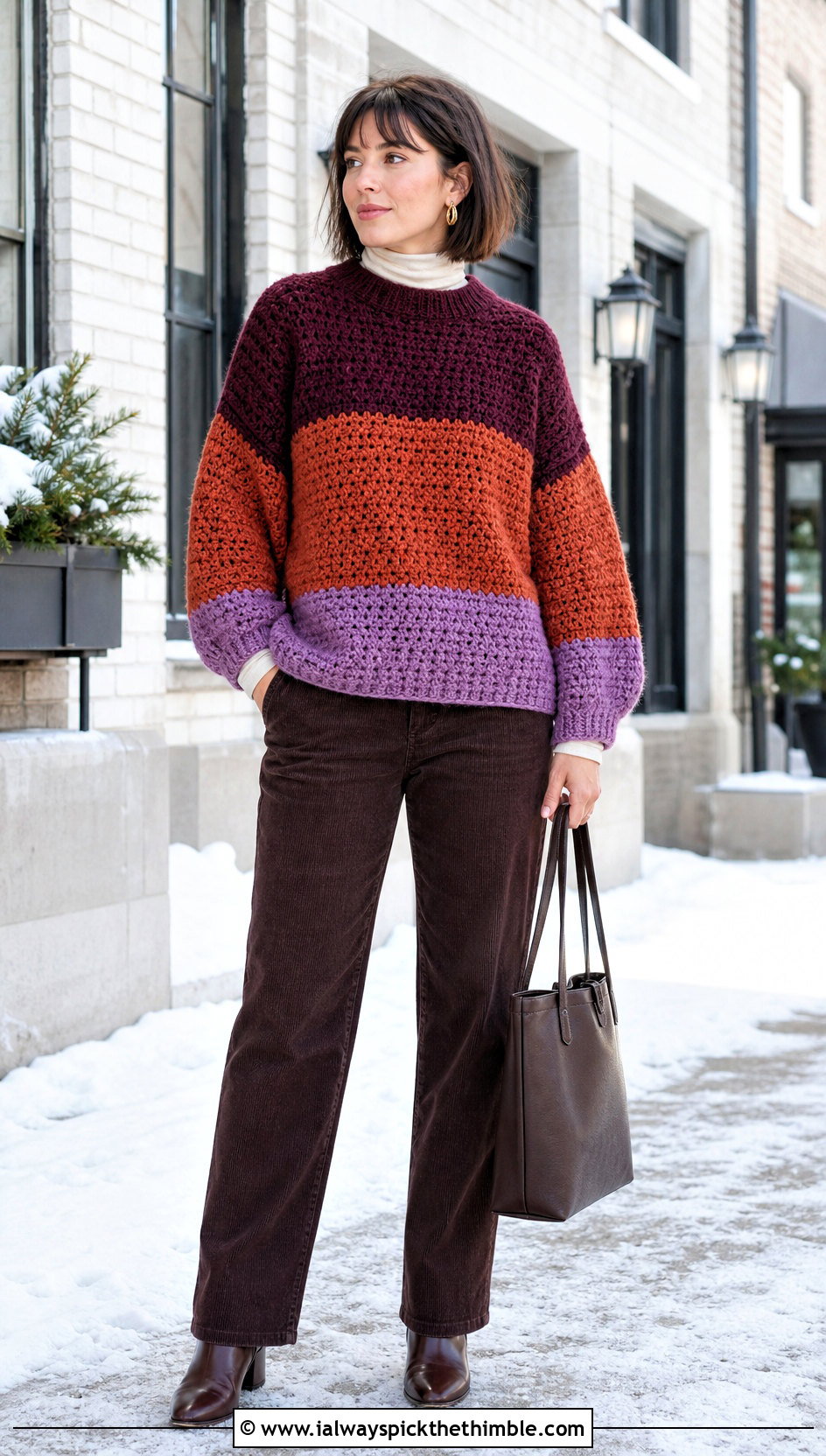Chunky Drop Shoulder Colourblock Crochet Sweater With Corduroy Pants - 15 Colourblock Crochet Sweater outfit ideas