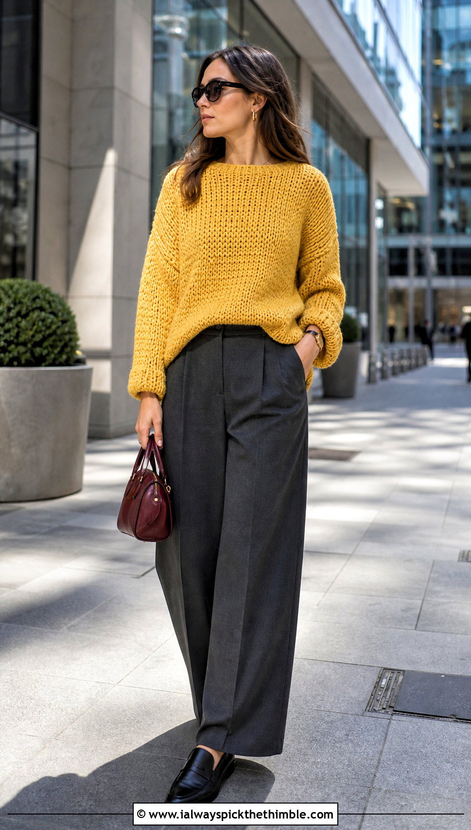 Chunky Drop Shoulder Crochet Sweater With Tailored Trousers - 20 Autumn Crochet Sweater outfit ideas