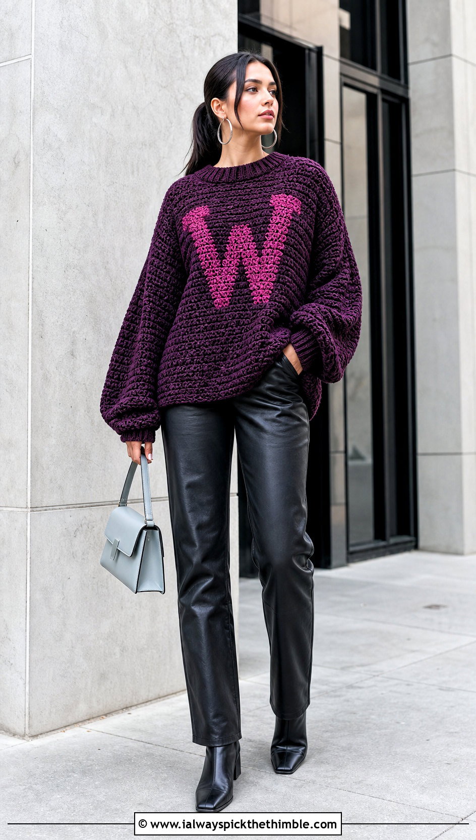 Chunky Drop Shoulder Crochet Weasley Sweater With Leather Pants - 25 crochet weasley sweater outfit ideas