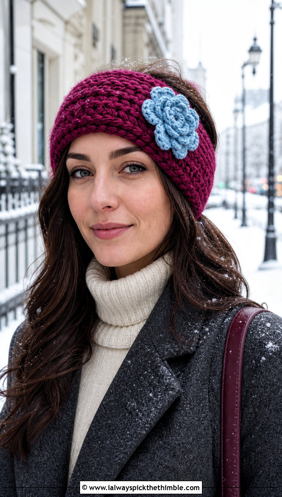 Chunky Ear Warmer Crochet Headband With Blue Flower And Wool Coat - 15 crochet headband with blue flower outfit ideas