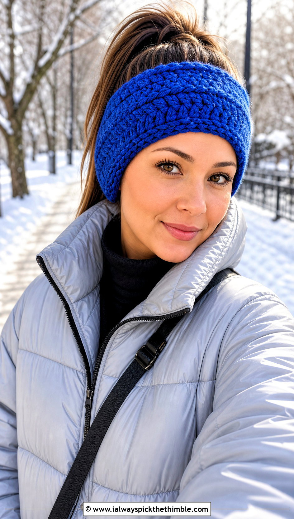 Chunky Ear Warmer Crochet Headband With Hair Tie And Puffer Jacket - 25 crochet headband with hair tie outfit ideas