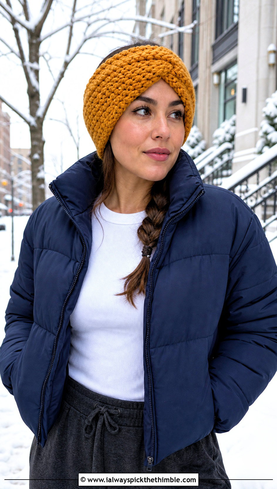 Chunky Ear Warmer Crochet Headband With Puffer And Joggers - 25 crochet headbands outfit ideas