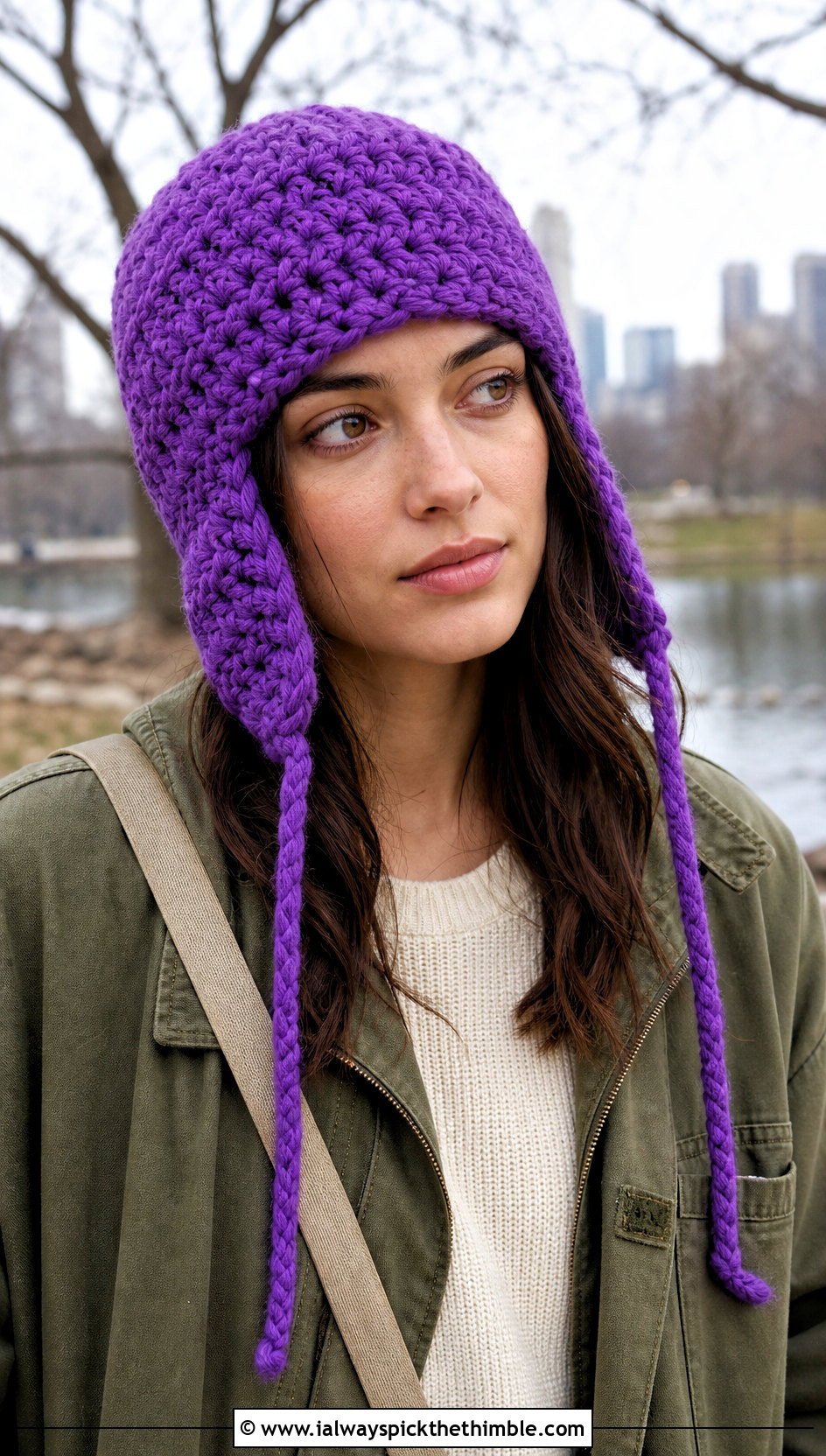 Chunky Earflap Crochet Beanie With Utility Jacket - 25 chunky crochet beanie outfit ideas
