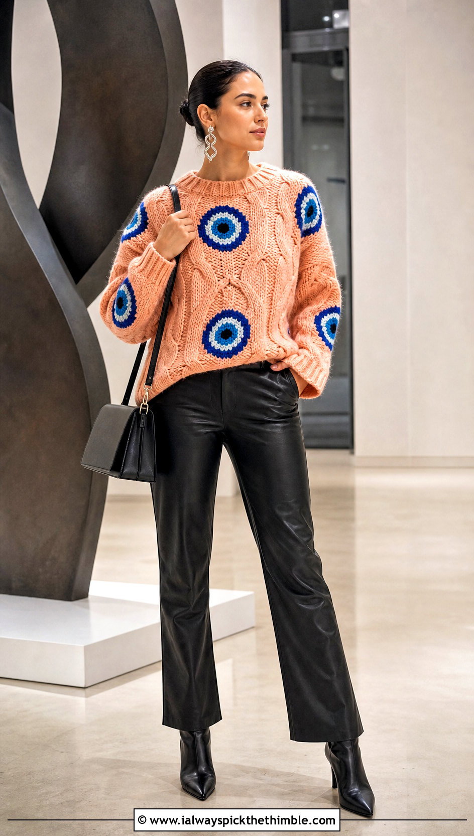 Chunky Evil Eye Cable Sweater With Leather Pants - 20 Evil Eye Crochet Sweater outfit ideas