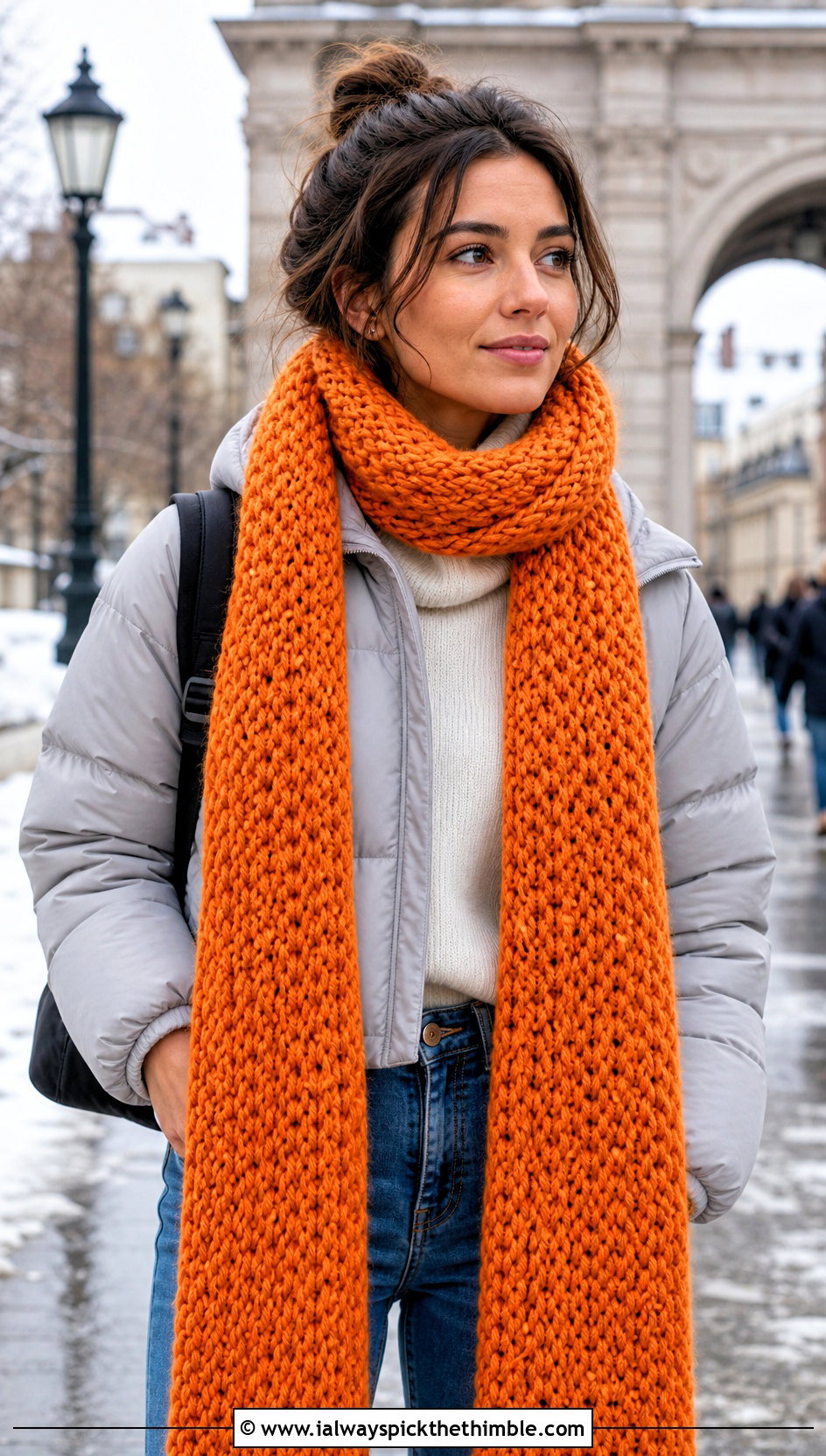 Chunky Extra Long Crochet Scarf With Puffer Jacket - 15 Crochet Scarves Chunky Yarn outfit ideas
