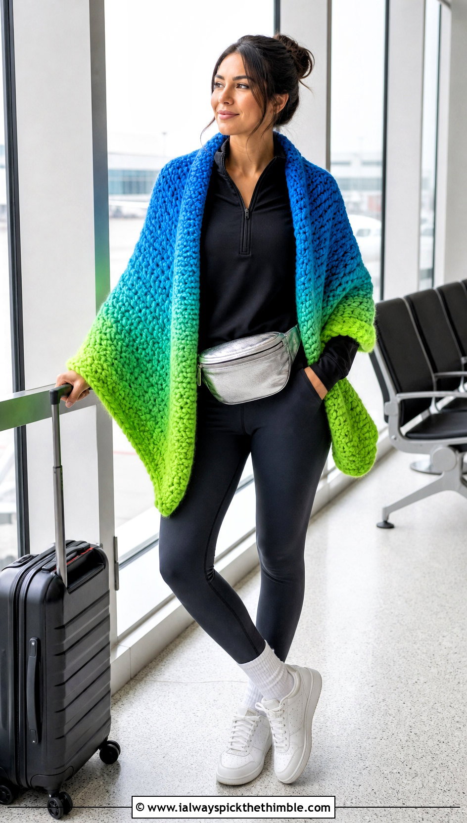 Chunky Fade Shawl With Leggings And Sneakers - 15 Crochet Fade Shawl outfit ideas