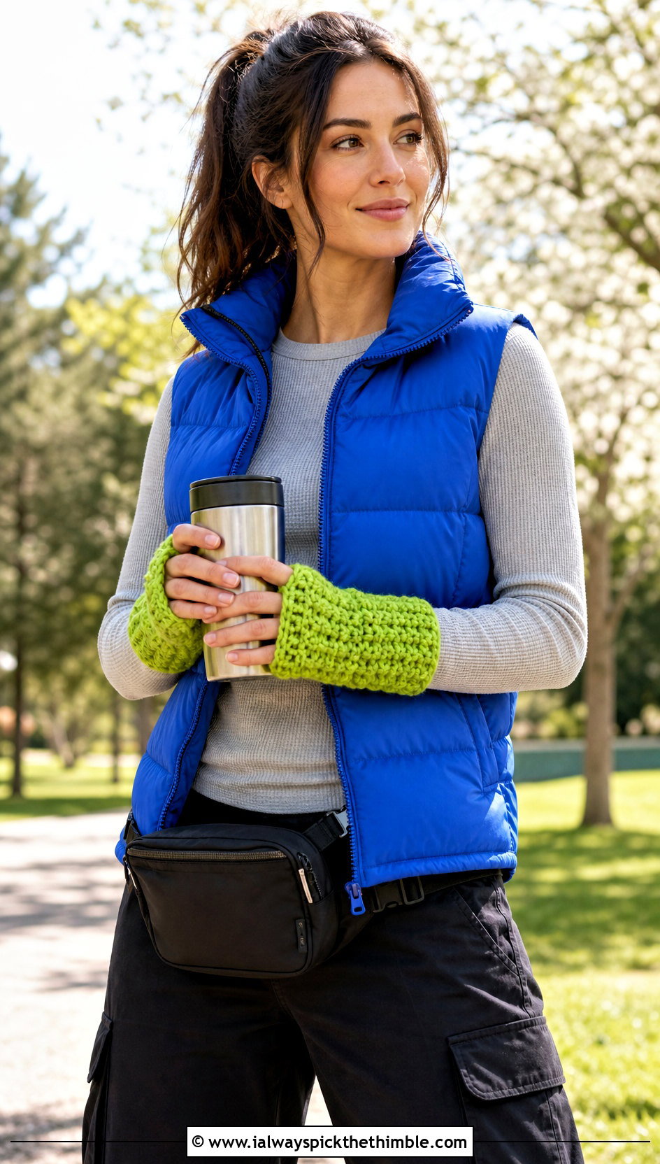 Chunky Fingerless Wrist Warmers With Puffer Vest - 15 Crochet Fingerless Arm Warmers outfit ideas