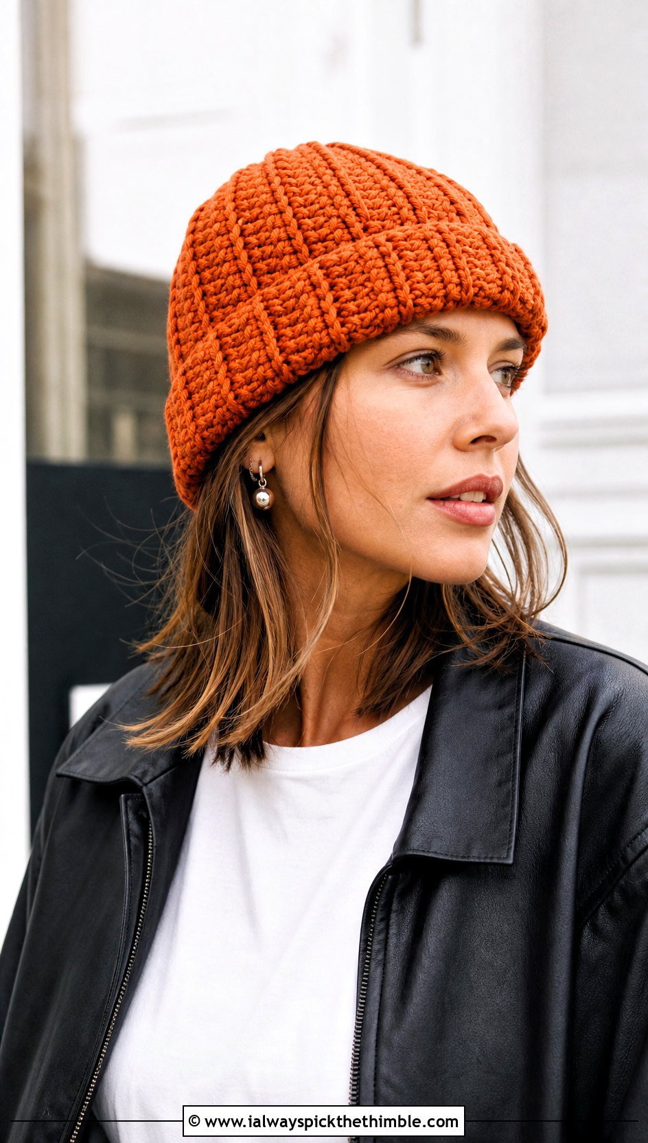 Chunky Fisherman Beanie With Leather Jacket - 20 chunky yarn crochet beanie outfit ideas