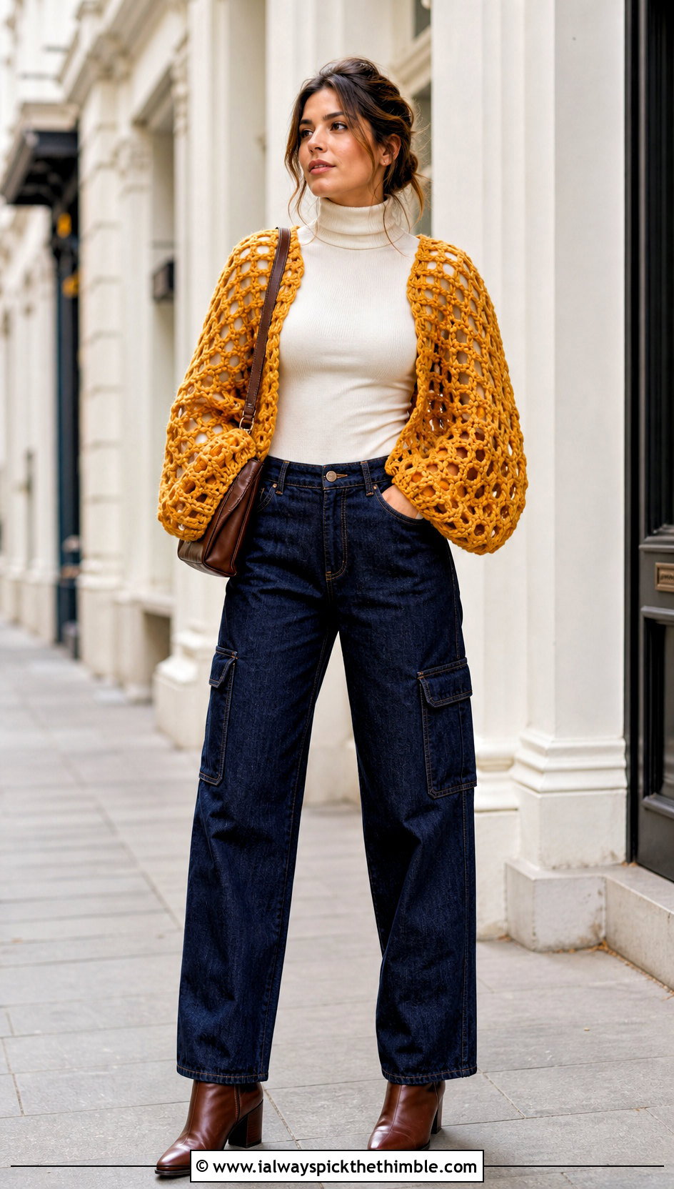 Chunky Fishnet Shrug With Turtleneck And Cargo Jeans - 25 crochet fishnet shrug outfit ideas