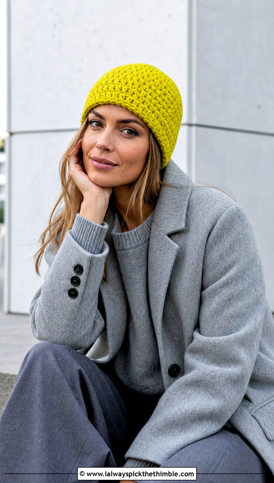 Chunky Fitted Crochet Beanie With Monochrome Coat Outfit - 25 chunky crochet beanie outfit ideas