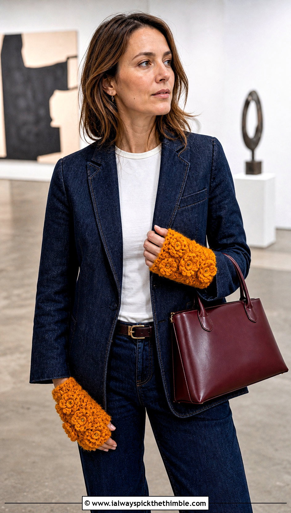 Chunky Floral Applique Gloves With Denim Blazer - 20 Chunky Crochet Gloves outfit ideas