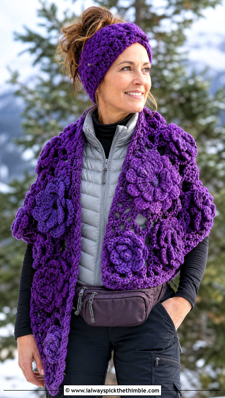 Chunky Floral Motif Shawl With A Puffer Vest - 15 Crochet Floral Shawl outfit ideas