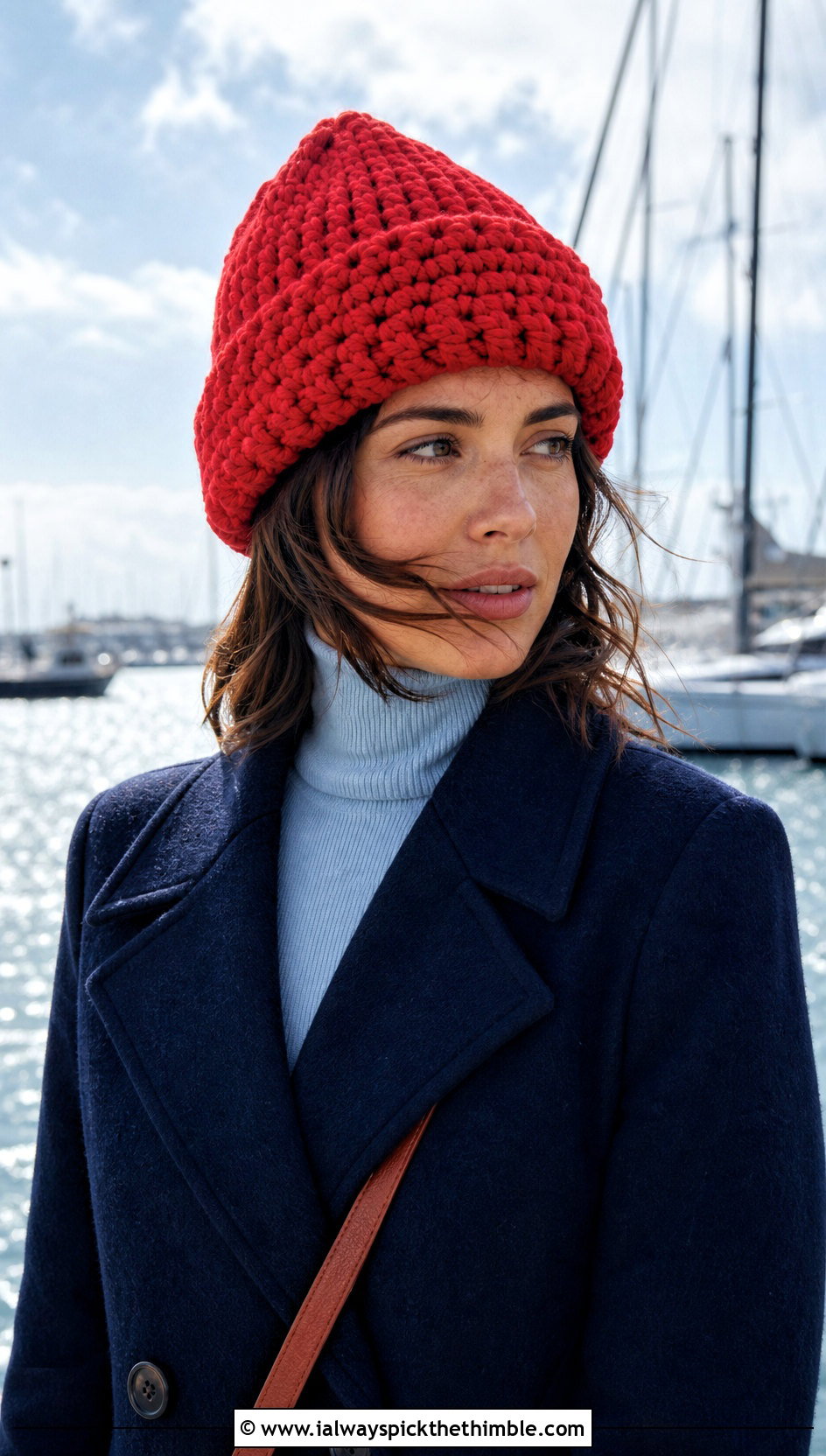 Chunky Fold Over Crochet Beanie With Peacoat - 20 lakeside crochet beanie outfit ideas