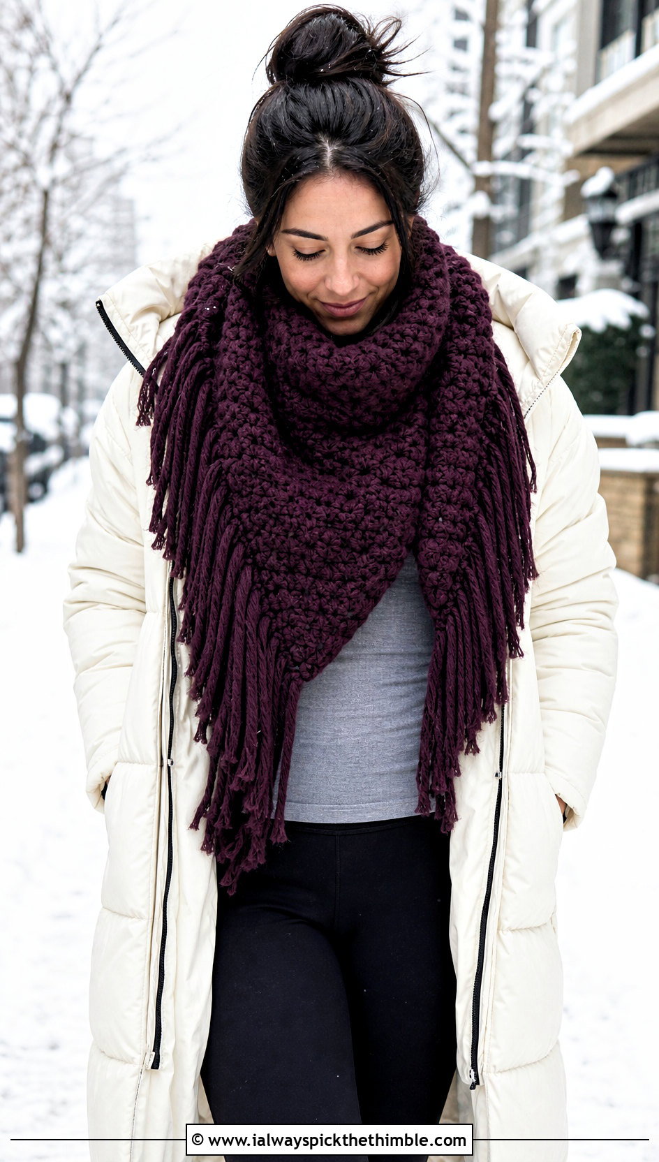 Chunky Fringe Blanket Crochet Scarf With Leggings - 20 Crochet Scarf Fringe Ideas