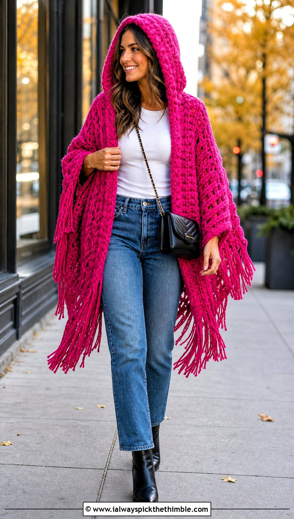 Chunky Fringe Crochet Poncho With Hood and Straight Leg Jeans - 25 crochet poncho with hood outfit ideas