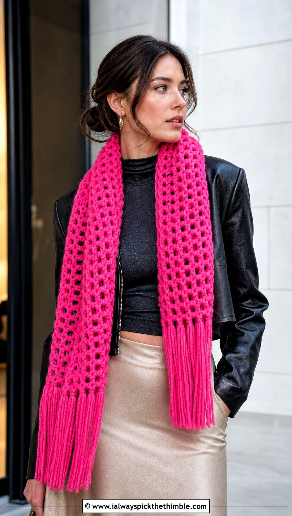 Chunky Fringe Crochet Scarf With Leather Jacket - 20 Chunky Yarn Crochet Scarf outfit ideas