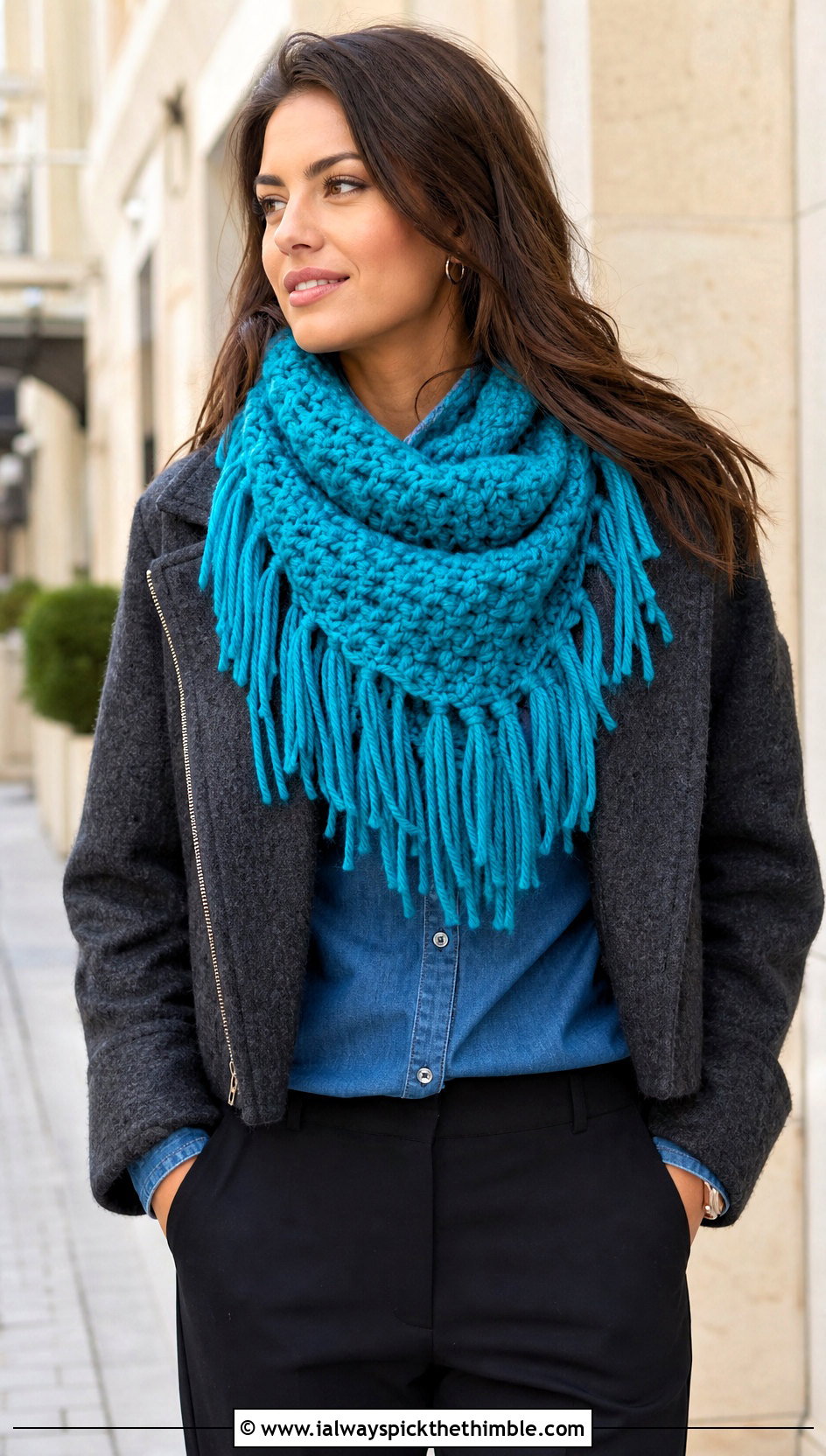 Chunky Fringed Crochet Cowl With Denim Shirt - 20 crochet chunky cowl outfit ideas