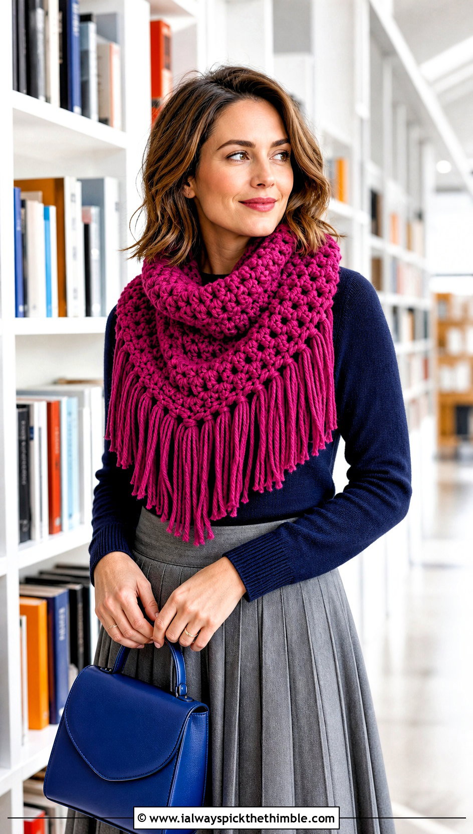 Chunky Fringed Crochet Cowl With Midi Skirt - 20 chunky crochet cowl outfit ideas