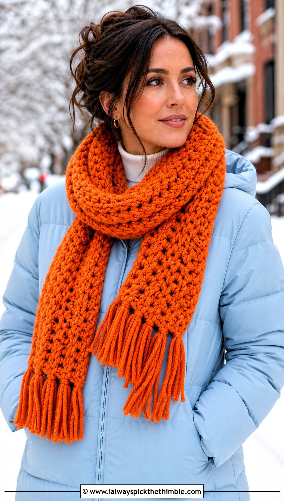 Chunky Fringed Crochet Scarf With Puffer Jacket - 15 Crochet Fancy Scarf outfit ideas