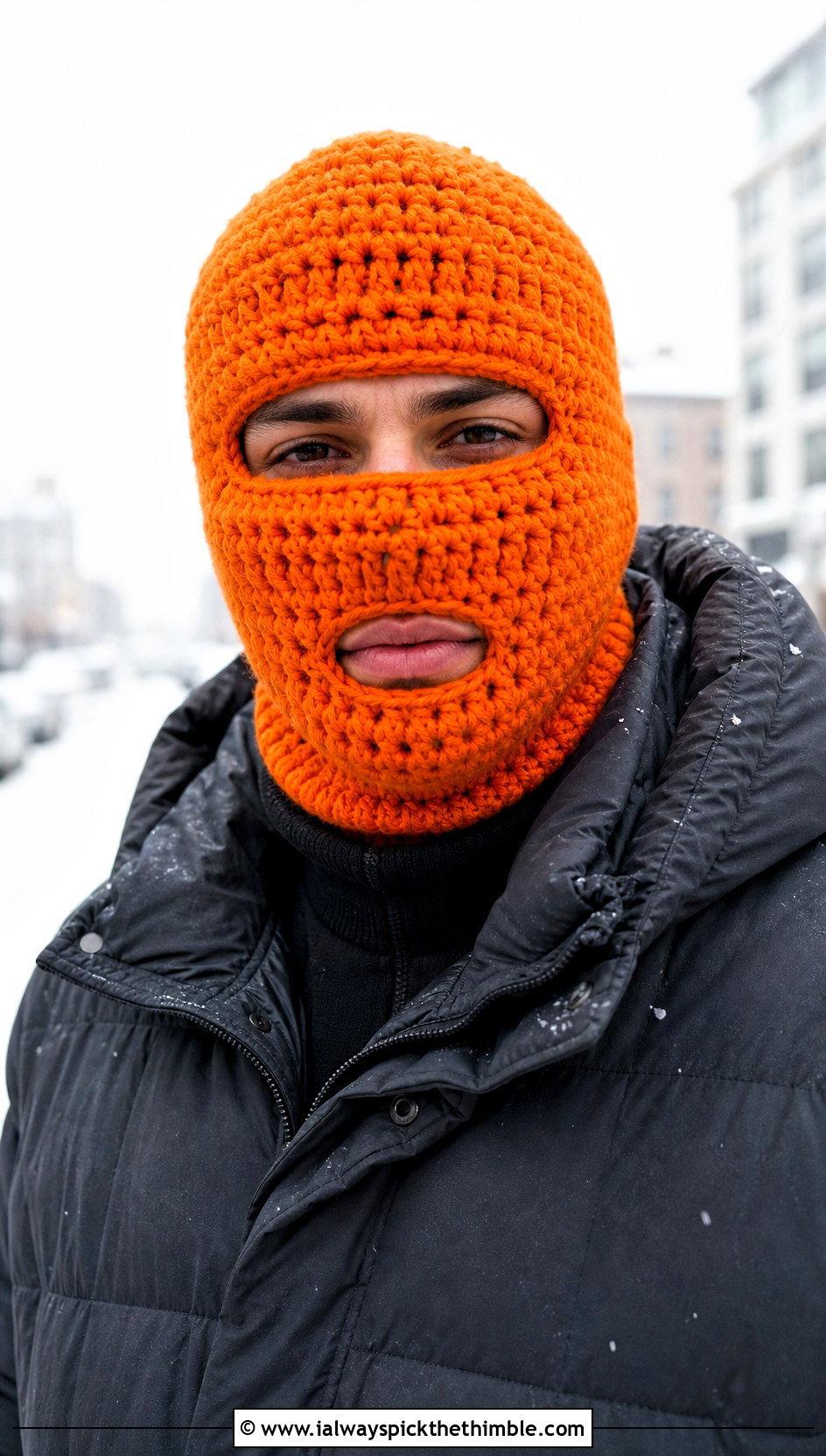 Chunky Full Face Crochet Balaclava With Puffer Jacket - 20 crochet balaclava for men outfit ideas