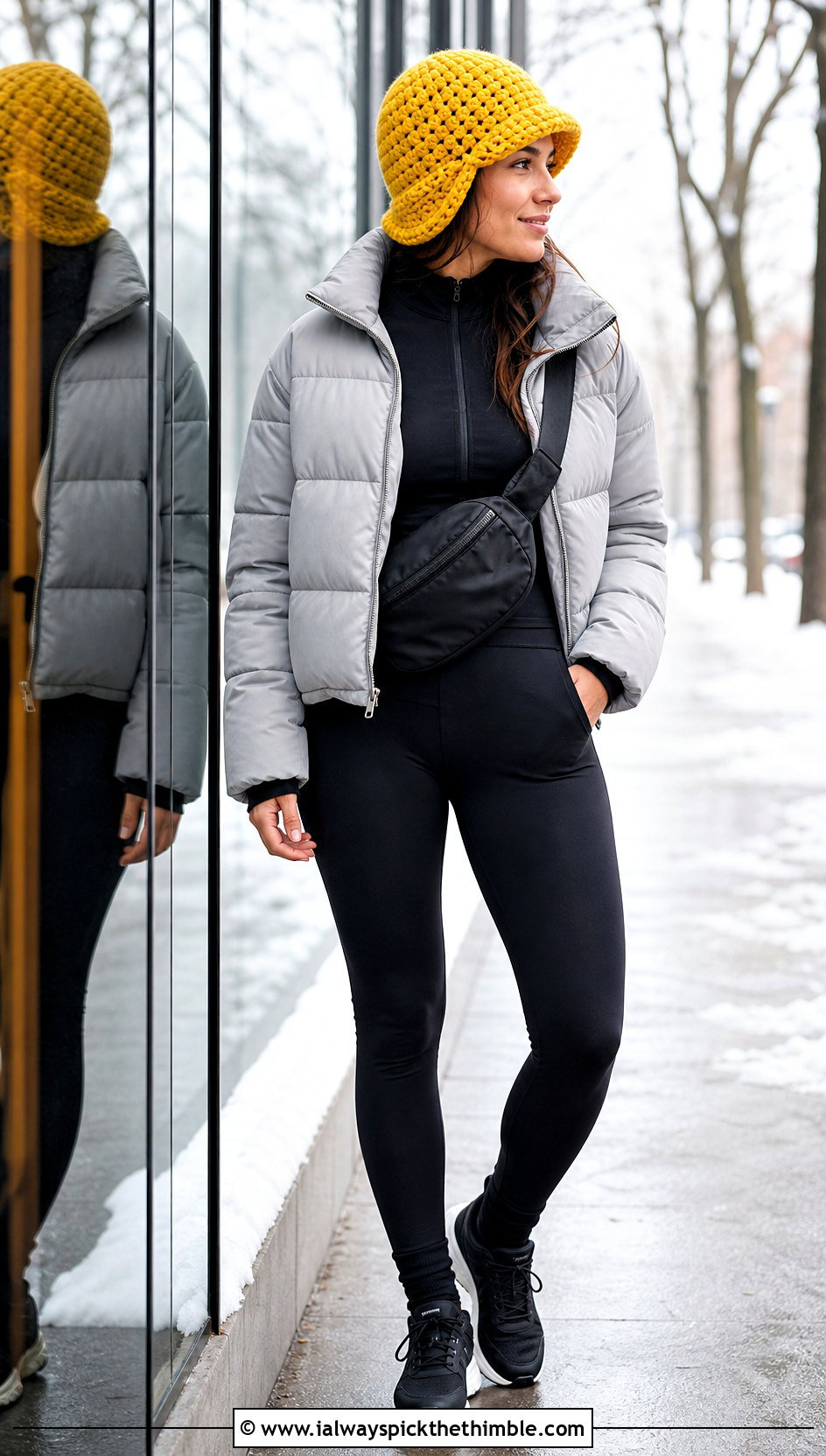 Chunky Gatsby Crochet Cloche Hat With Puffer Jacket And Leggings - 15 Gatsby Crochet Hat outfit ideas